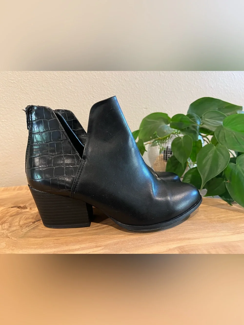 Women's Black Ankle Booties with Croc-Embossed Heel